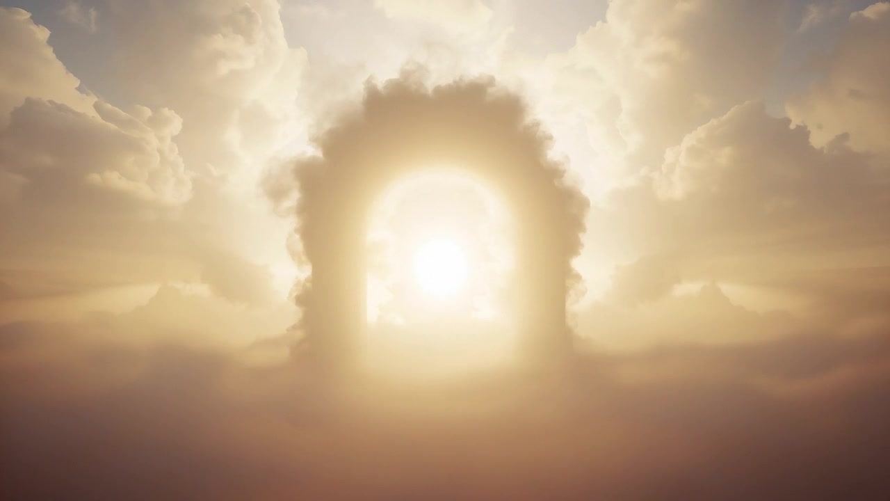 Intensifying central sun brightening arch-shaped cloud opening at high-altitude sky, warming mist