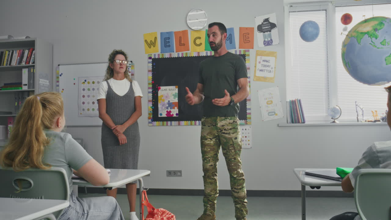 Military Officer Visiting Classroom Speaking to Curious Students About Military Science and