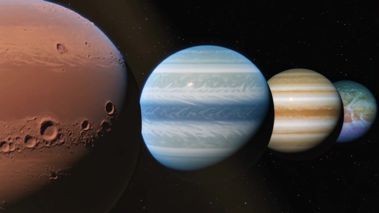 Pulling back camera revealing cratered red planet left in space shifting to show banded gas giants