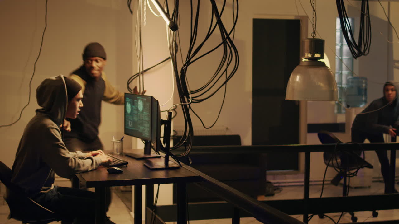 Hackers working on computers in a dark room