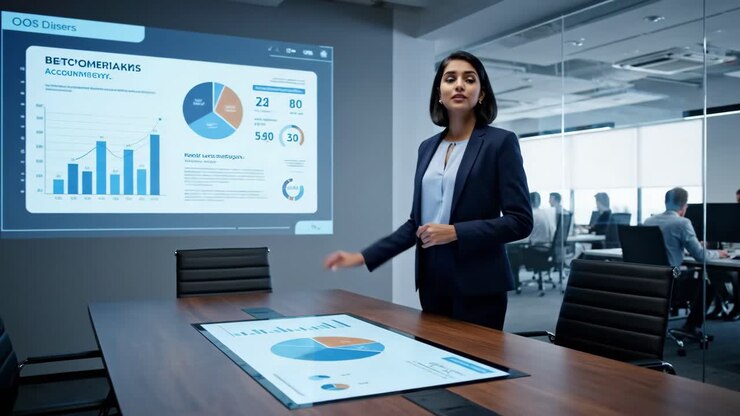 Presentación empresarial con gráficos y tablas de análisis de datos en un entorno de oficina moderno
