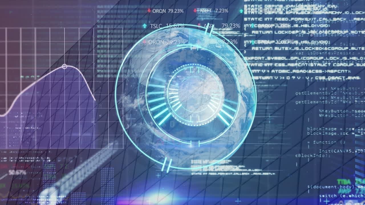 Animation of processing circle over globe and diverse data processing over business office building