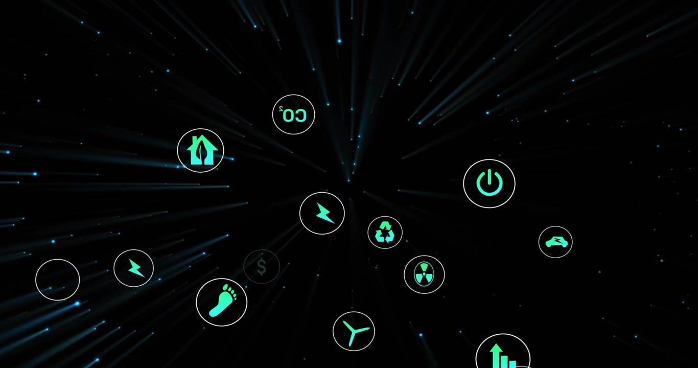 Thin teal streaks appearing, eco icons multiplying, streaming inward to show energy data