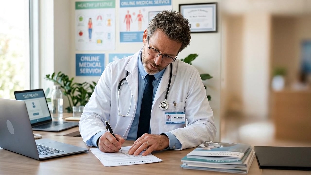 Male Medical Doctor in White Lab Coat Writing Notes or Prescription at Office Desk