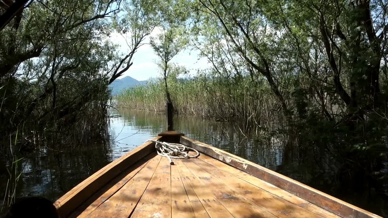 fpv on wooden boat sailing in calm waters of Lake Skadar, on the border of Albania and Montenegro