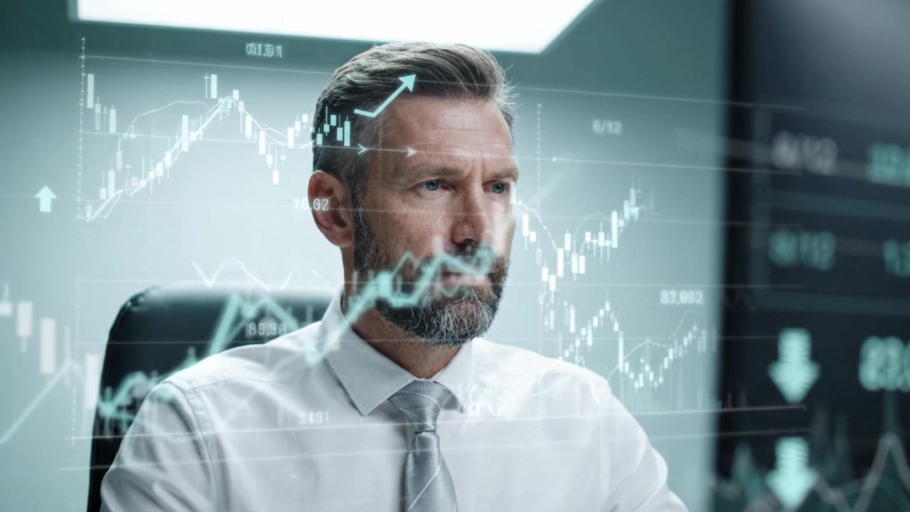 En fokuseret forretningsprofessionel analyserer data og finansielle tendenser på en computerskærm i et moderne kontormiljø med grafiske repræsentationer af analyser.