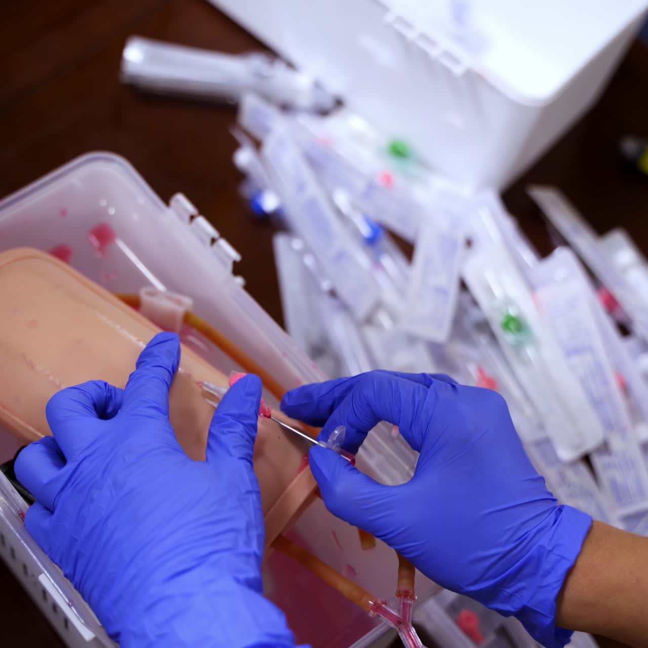 Dummy for practicing inserting catheter. Hands in blue latex gloves with medical neddle. Selective focus from above