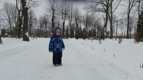 adorable caucasian kid wearing warm coat stands under the falling snow. baby boy in the park in winter.