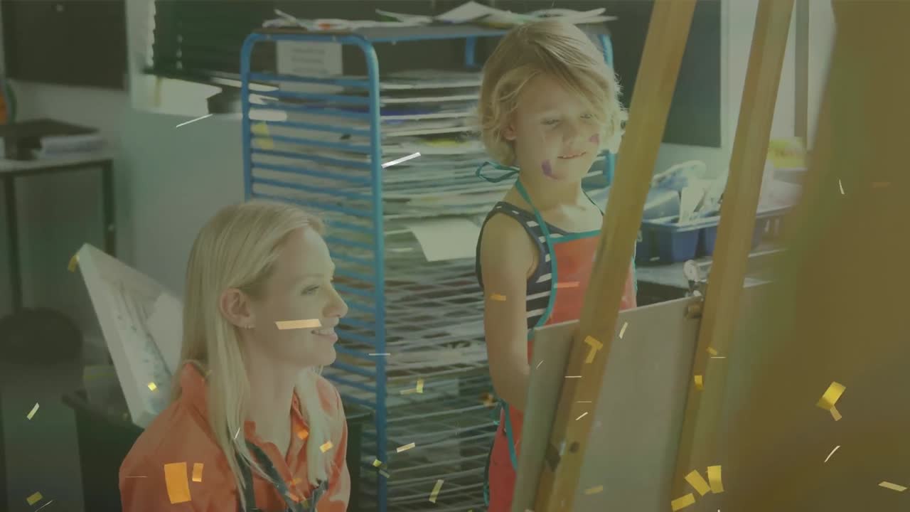 Valojen animaatio valkoihoisen opettajan ja koulutytön yllä.