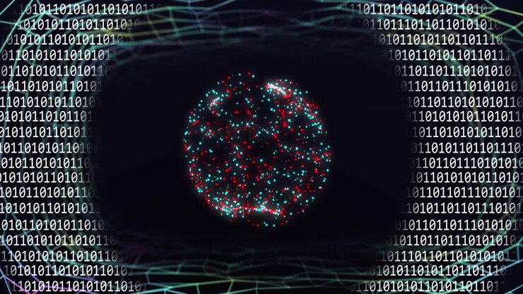 Animation of binary coding data processing over connections on black background