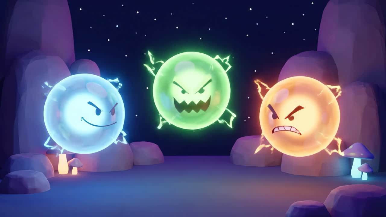 Espíritus animados y brillantes con expresiones cambiantes en un mundo de fantasía
