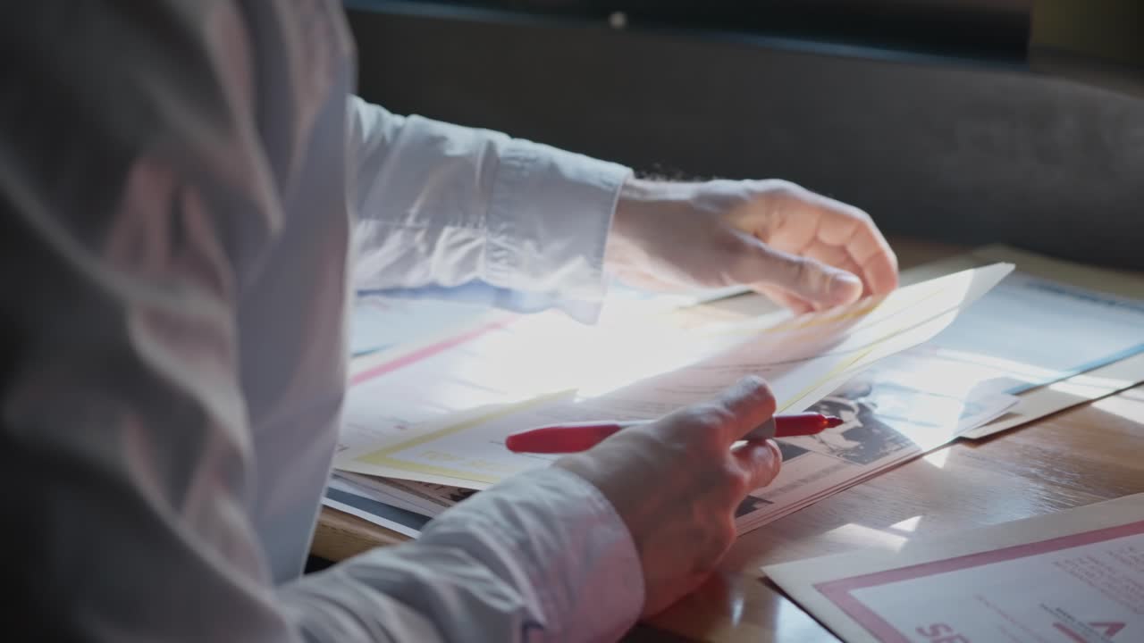 Close-up of hands at a desk flipping through confidential papers and folders, marking key details with a red marker. A scene of investigation, intelligence, and classified information review.