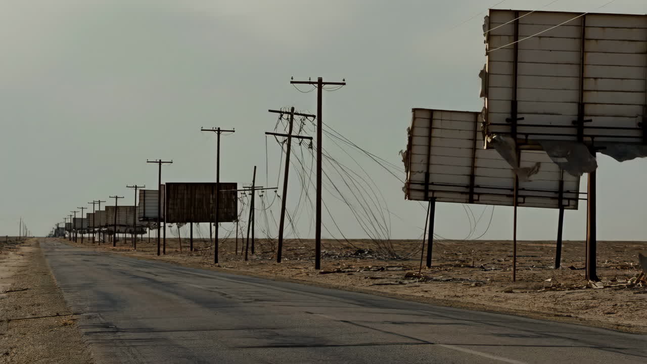Abandoned Road with Damaged Billboards in a Desert Landscape