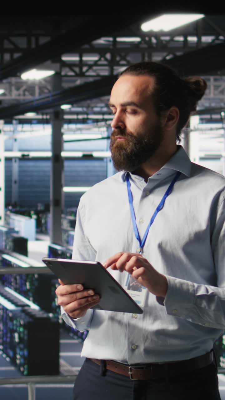 Vertical video Computer scientists in data center monitoring neural network LLM visualization