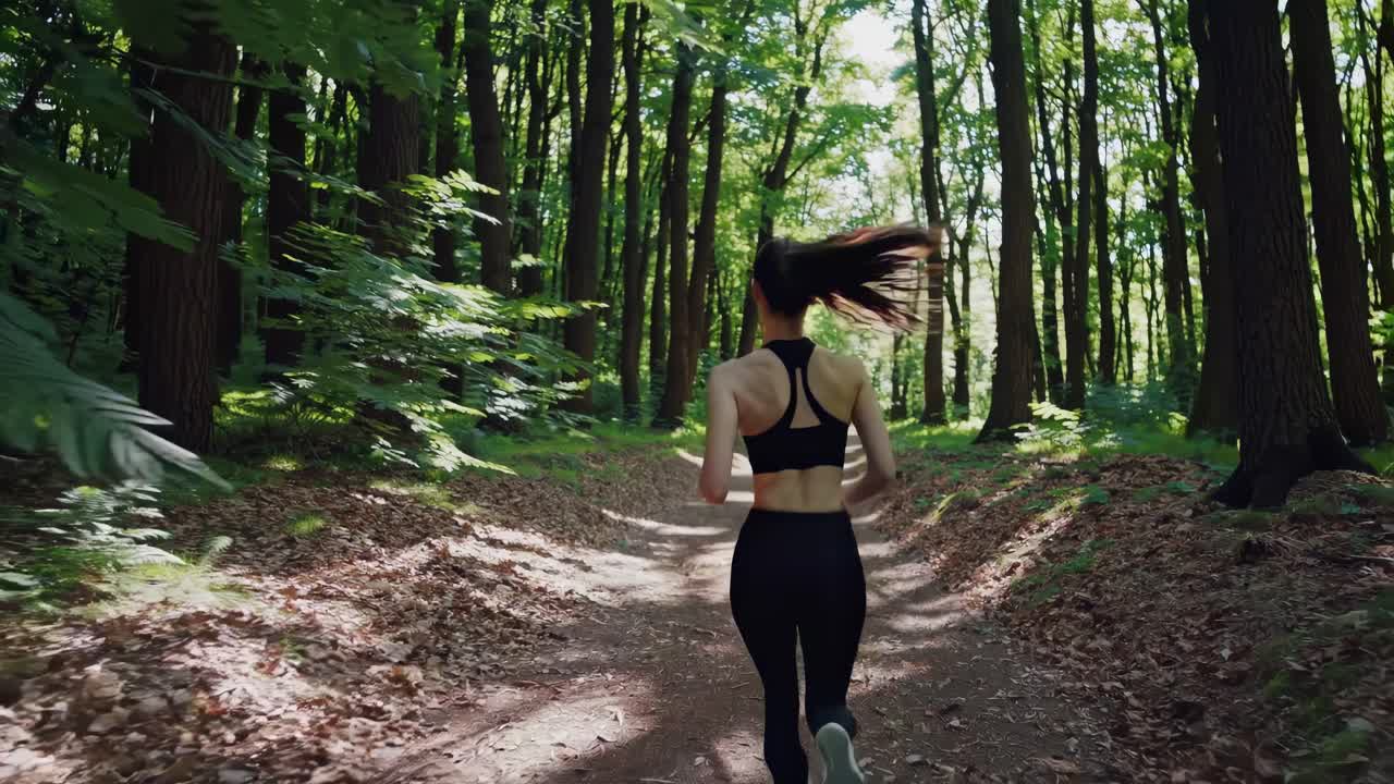 Dynaaminen video kuvaa naista lenkkeilemässä rehevässä metsässä, kuvattuna matalasta kuvakulmasta.