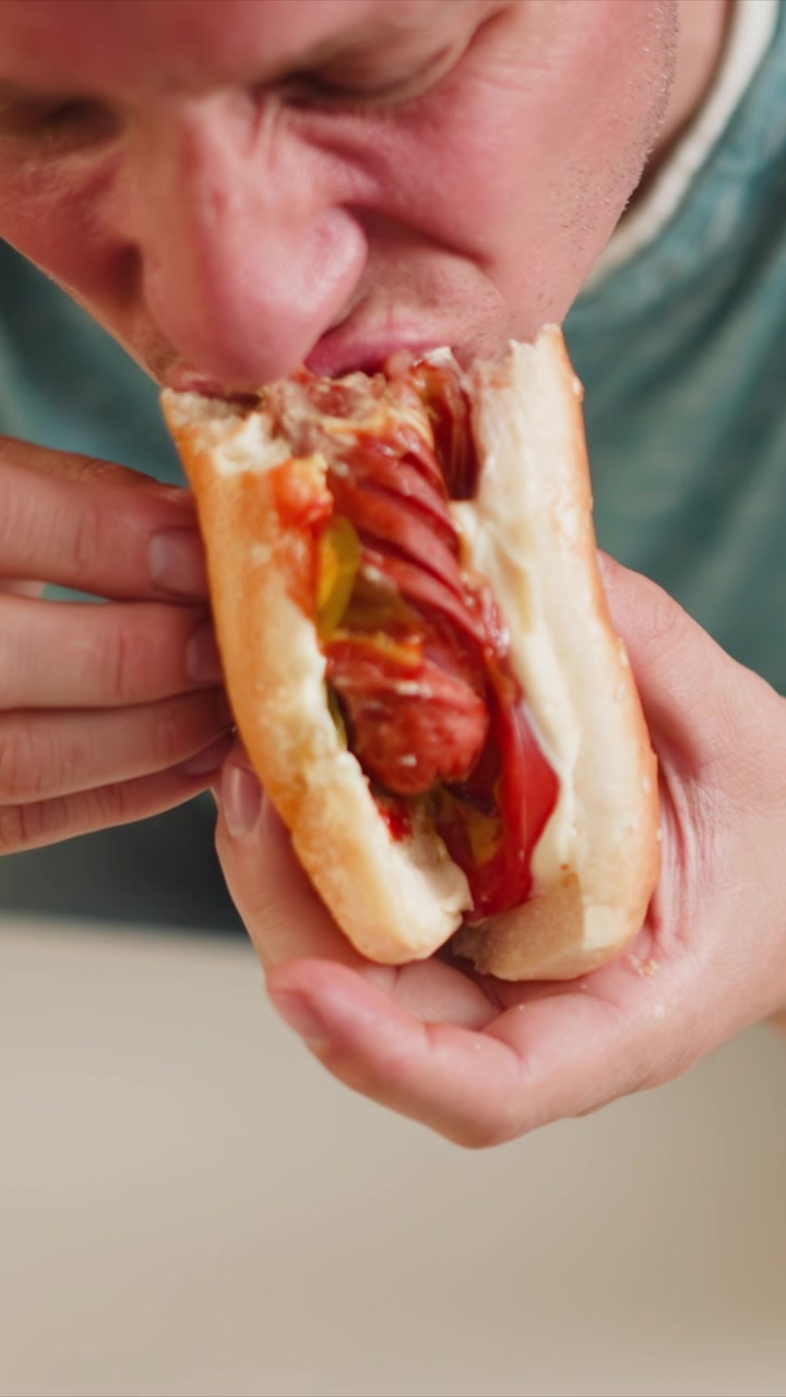 Close up of man eating hot dog with toppings. man holds food while taking bites showing interaction between hands and sandwich ingredients like sausage ketchup mustard relish on bread. Soft