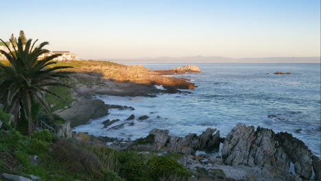 timelapse - ondas quebrando na costa rochosa enquanto o sol está se pondo, palmeira em primeiro plano, hermanus, áfrica do sul