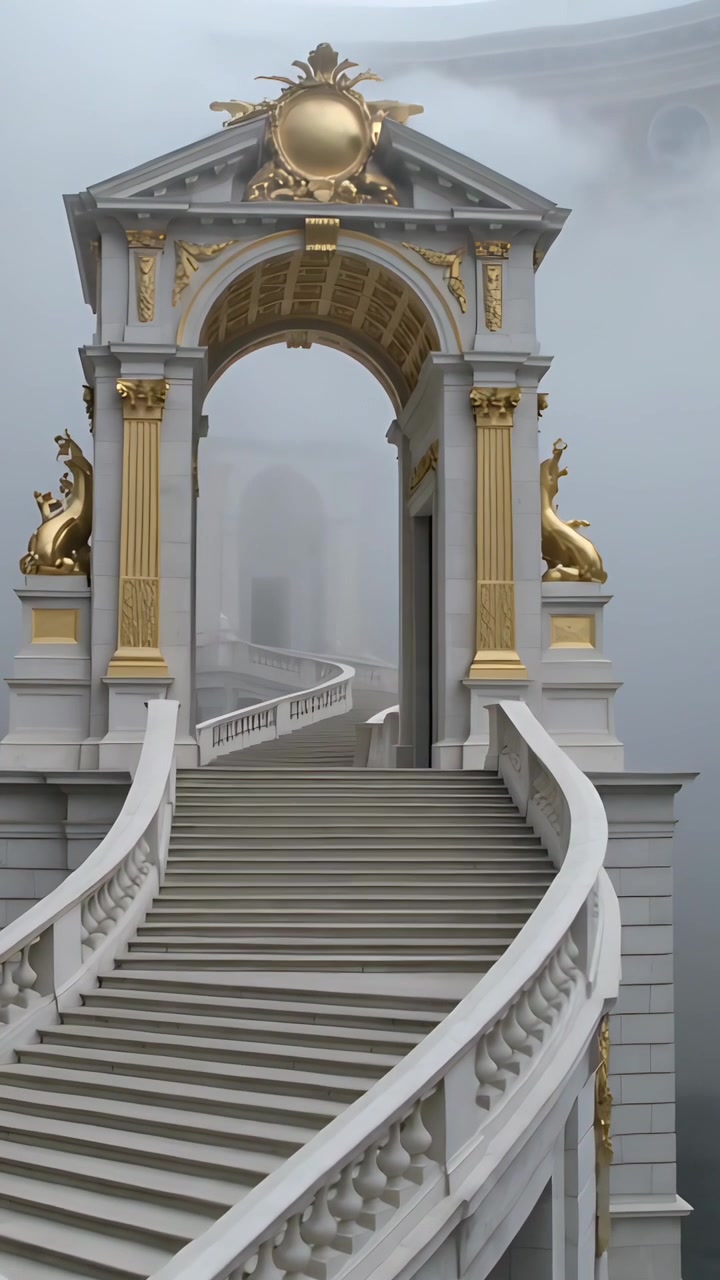 Video vertical: Acercándose a escaleras curvas y un arco dorado, la cámara panea hacia adelante revelando detalles.