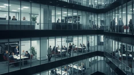 a captivating view of modern office dynamics: engaged teams collaborating in a sleek glass-enclosed workspace during daytime