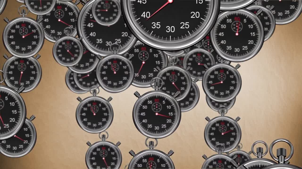 Animation of falling clocks over brown background