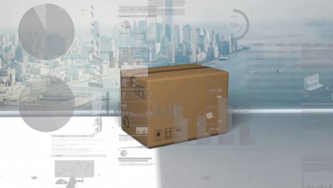 Animation-of-statistics-processing-over-cardboard-box-and-cityscape