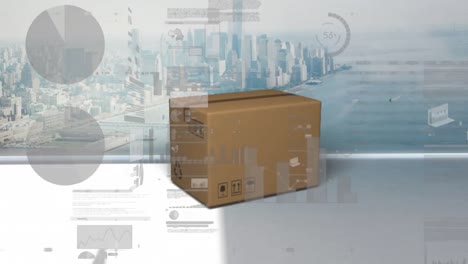 animation of statistics processing over cardboard box and cityscape