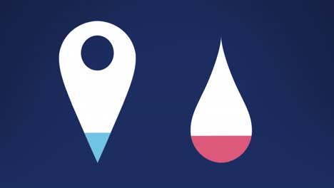 animación del punto exacto del mapa y el icono de la gota de agua contra un fondo azul