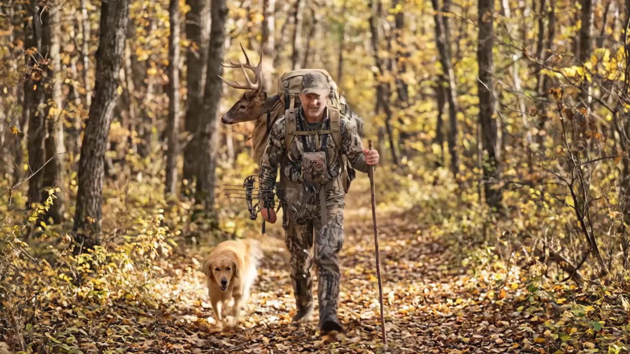 Cacciatore con cane e zaino a forma di testa di cervo cammina nella foresta autunnale