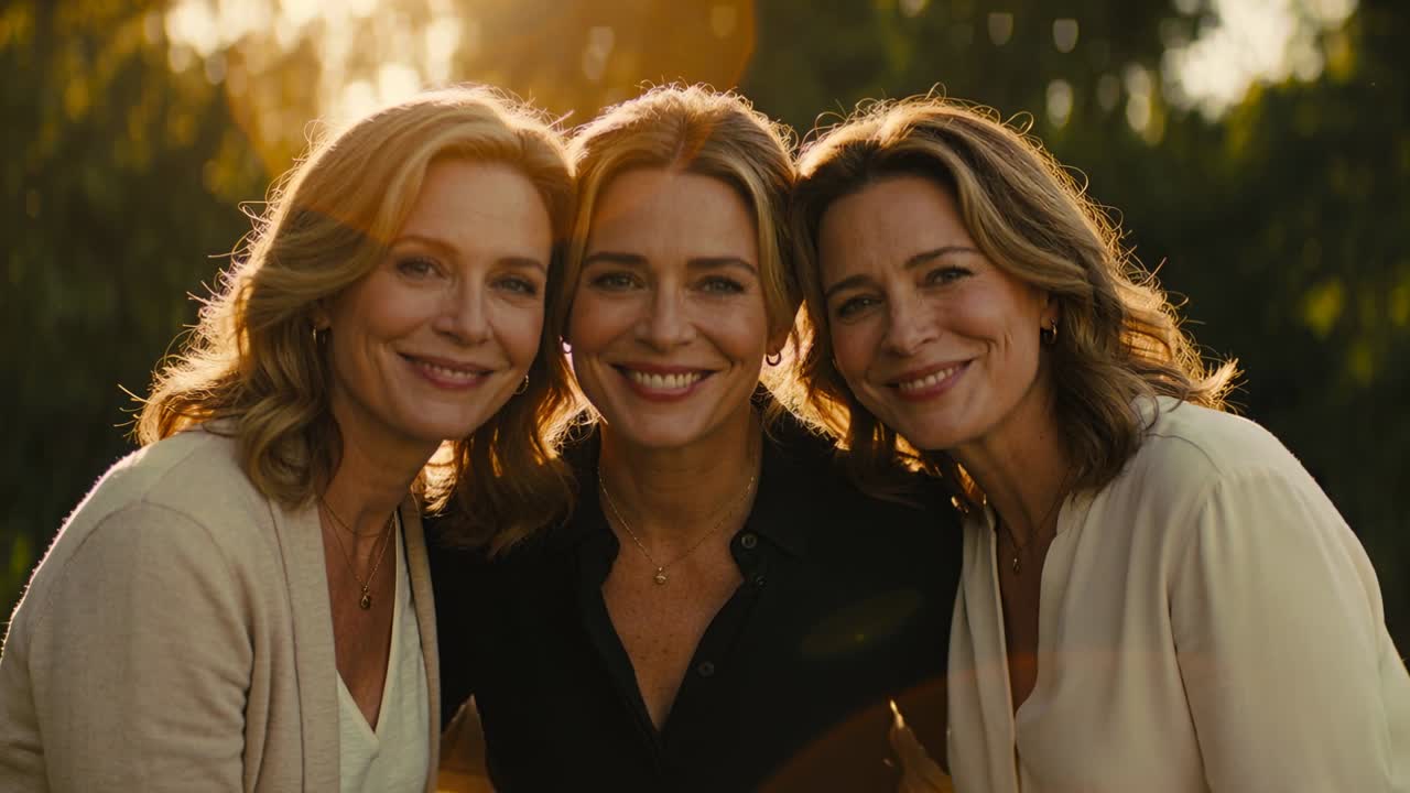 Câmera capturando três mulheres sorrindo e se inclinando no jardim, a do centro vestindo blusa escura