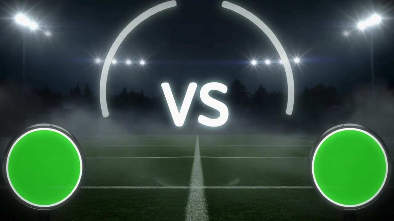 Versus-ruutupohja hehkuvilla neon-grafiikoilla jalkapallokentällä