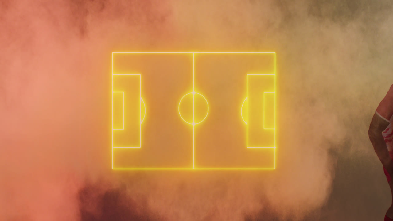 아프리카계 미국인 남자 축구 선수가 공을 위해 다이빙하는 노란색 축구장의 애니메이션