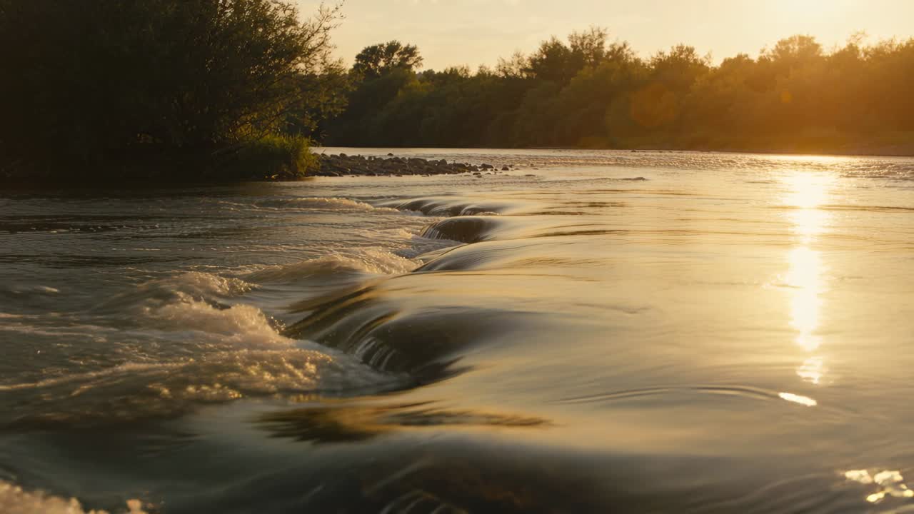 Fiume che scorre colpendo le sporgenze, formando rigonfiamenti rotondi sopra lo sbarramento, portando schiuma e il bagliore del sole.