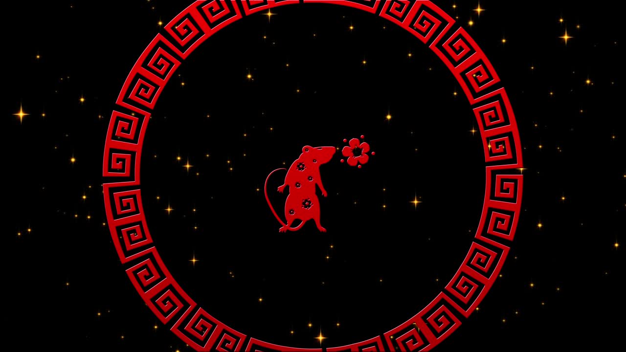 Gold Chinese New Year background with red and black, rat, fireworks, glittering stars 3D rendering loop 4k. Magical Happy new year animation