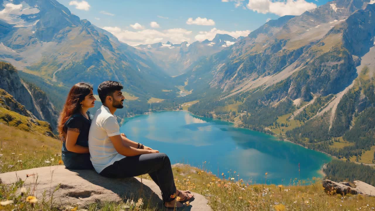 Couple Enjoying a Scenic View of Mountains and Lake