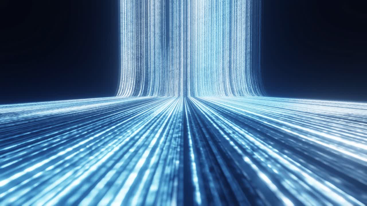 Abstract Blue Light Lines Flowing Across Dark Reflective Surface