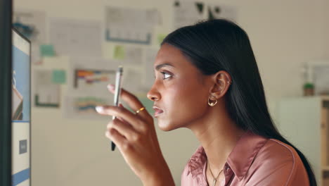 Serious,-thinking-and-desktop-computer-with-woman