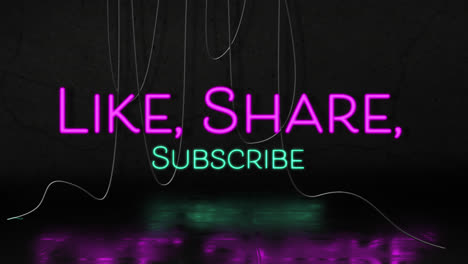 animation of like, share, subscribe text in pink and blue neon, with cables on black background