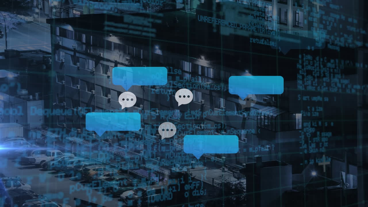 animación de iconos y datos de las redes sociales sobre un fondo oscuro