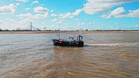 drone video footage of a fishing trawler boat