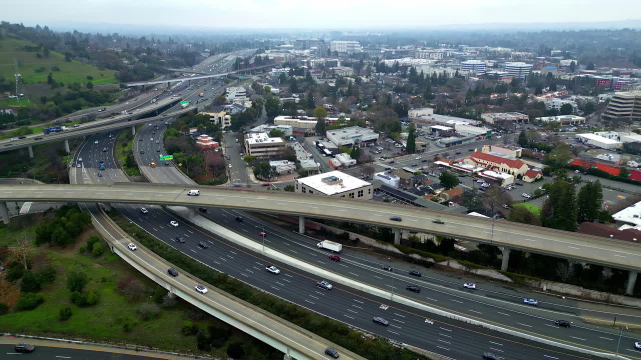 Complex Freeway Interchange With Traffic Flowing Through San Francisco City in Aerial view