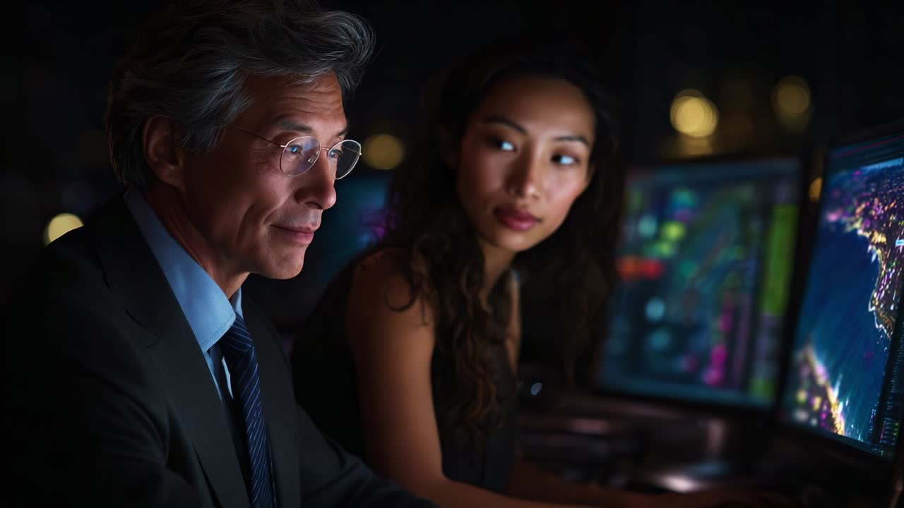 A Strategic Evening Analysis: Two Professionals Collaborate in a Dimly Lit Control Room, Focusing on Data Interpretation and Complex Graphics to Develop Insightful Business Strategies and Solutions