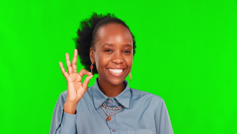 Hand,-ok-and-woman-face-with-wink-in-green-screen