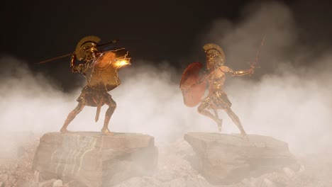 Gold-statues-of-Ancient-Greek-warriors-in-fight-positions,-worn-off-by-time,-placed-upon-big-rocks,-with-fog-and-smoke-at-the-background,-3D-animation-camera-zoom-in-slowly