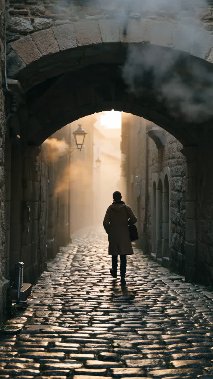 Person Walking Through a Misty Cobblestone Alley with Sunbeams