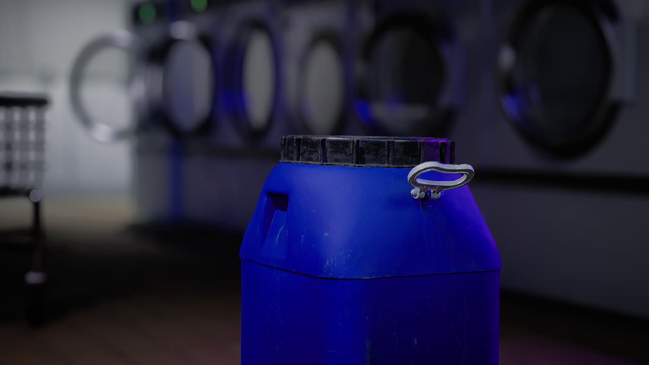 Blue container in a laundromat with washing machines in the background