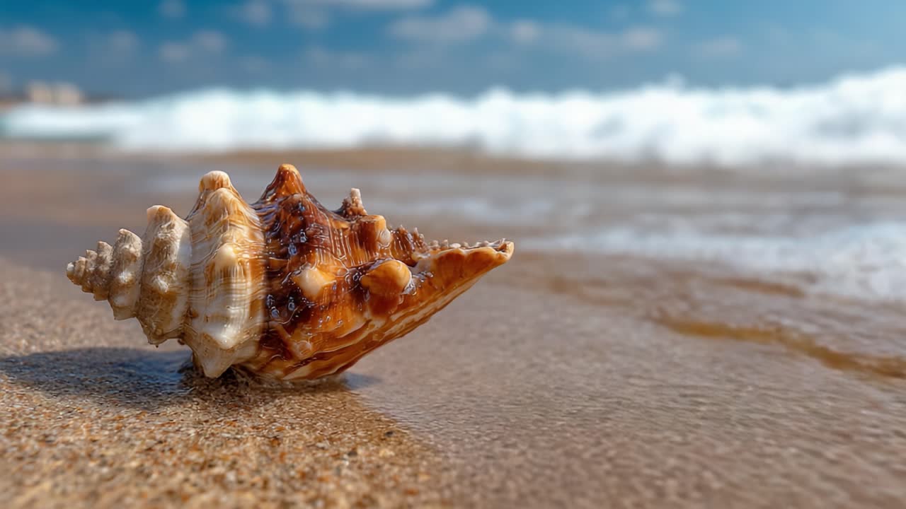A Beautiful Close-Up of a Shell on the Sandy Beach with Waves Gently Lapping at the Shore, Evoking the Calming Essence of Seaside Serenity and Nature's Beauty