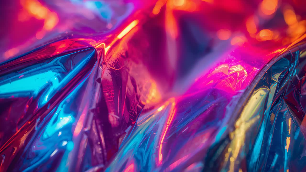 Luci che cambiano colore che causano la sgualcitura del foglio di alluminio mostrando riflessi blu, rosa e arancioni per i test in studio