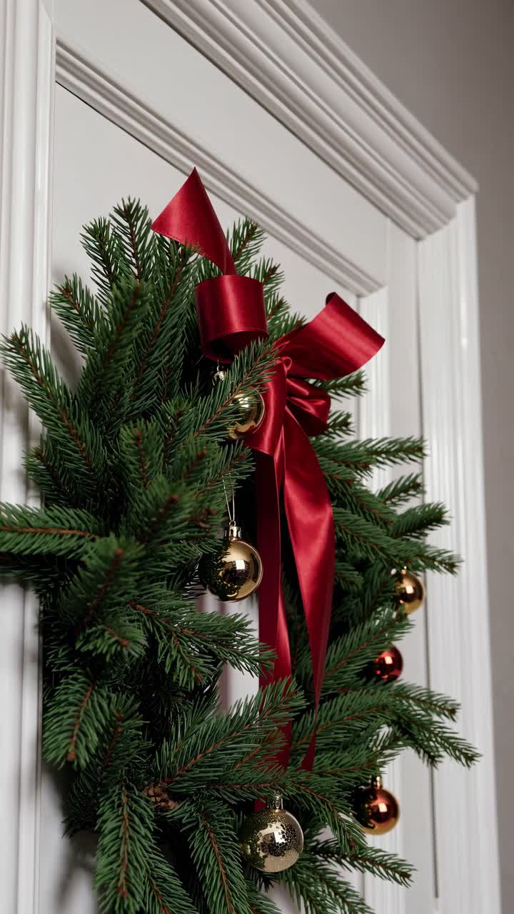 Festive wreath with red ribbon and ornaments on a white door, captured from a side angle