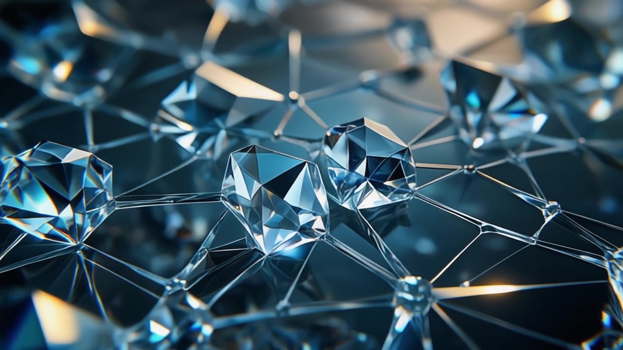 Abstraktní digitální síť se zářícími geometrickými krystalovými uzly