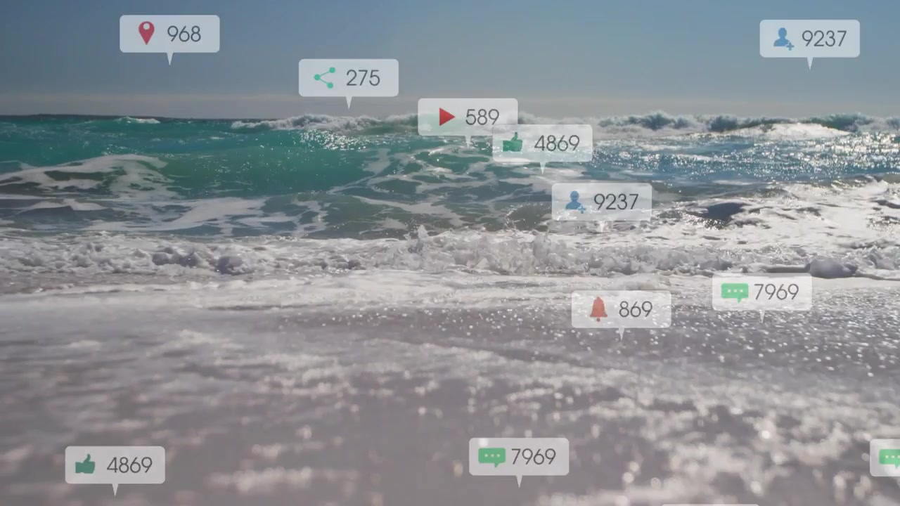 Ocean waves rolling while badges appearing at shore, spreading across to show social media overload